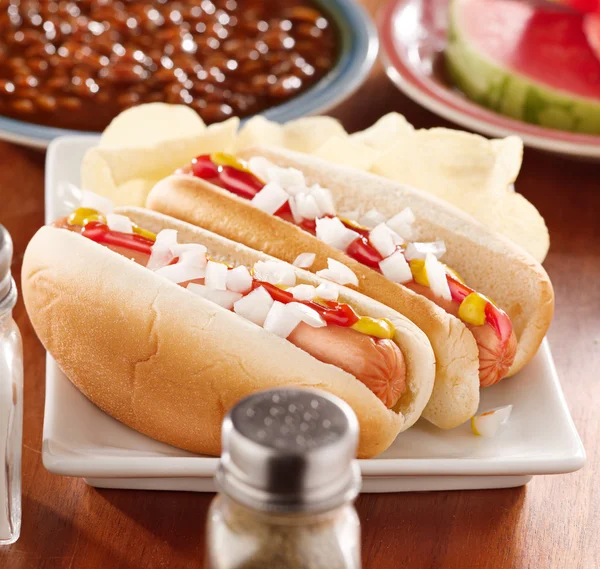 Pasto con hot dog con condimenti — Foto Stock
