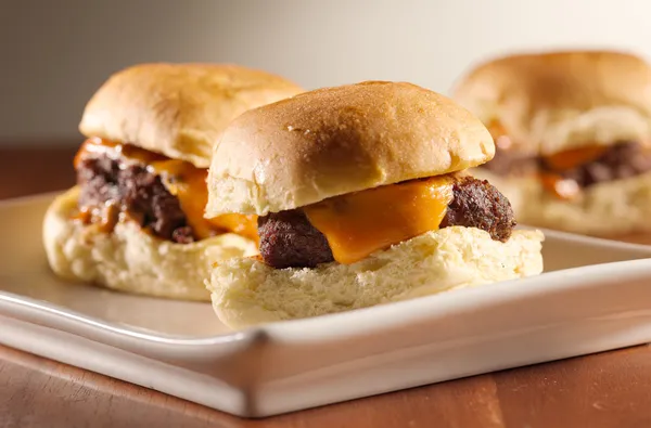 Mini burger sliders shot with selective focus — Stock Photo, Image