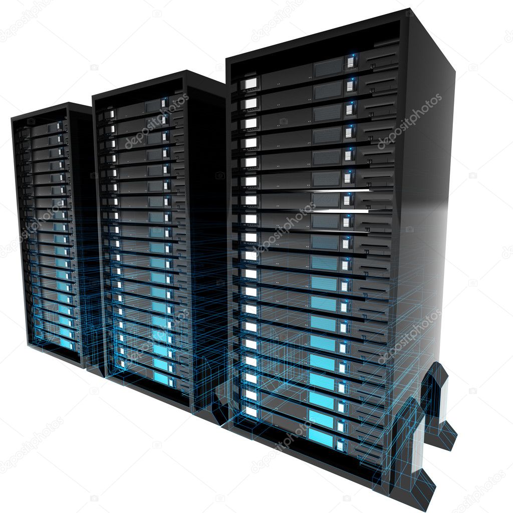 Servers with blue wire frame