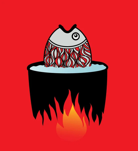 Fish cooked in water on a fire. Vector illustration. — Stock Vector