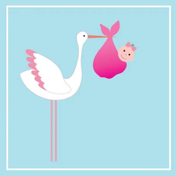 A cartoon illustration of a stork delivering a newborn baby girl — Stock Vector