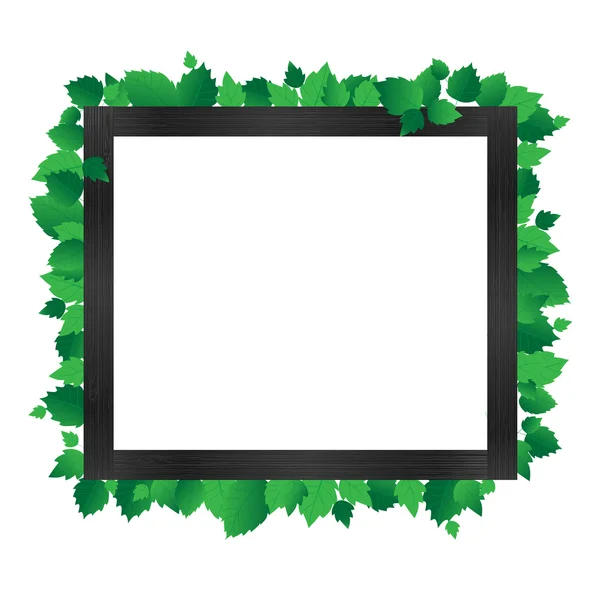 Чорна дерев'яна рамка з зеленим листям — стоковий вектор
