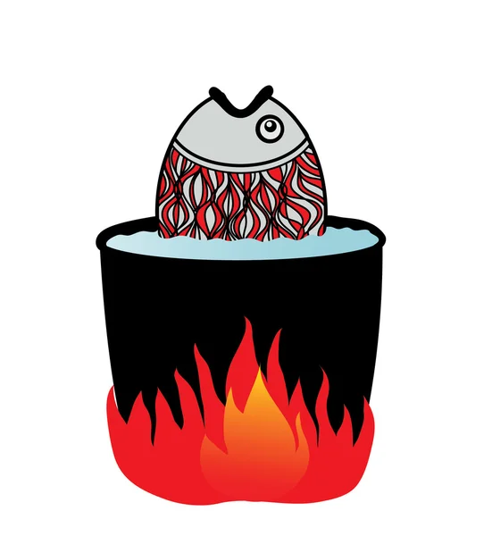 Ikan dimasak dalam air di atas api - Stok Vektor