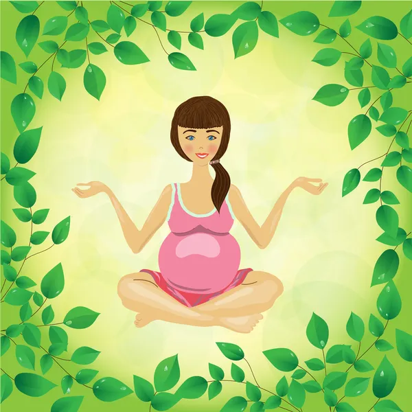 Donna incinta yoga su sfondo foglie — Vettoriale Stock