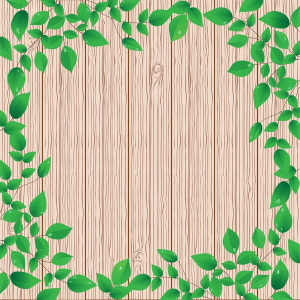 Дерев'яний фон з зеленою квітковою рамкою — стоковий вектор