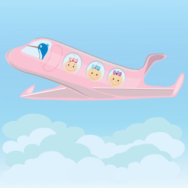 Stork carries on a plane triplets baby girls clipart