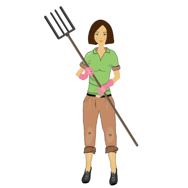 Жінка фермер з виделкою в руці — стоковий вектор