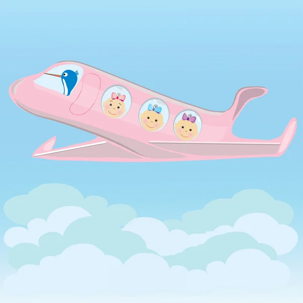 Ooievaar draagt op een vliegtuig drieling baby meisjes — Stockvector