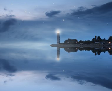 Nightly seascape with the beacon and the stars reflecting in the sea clipart