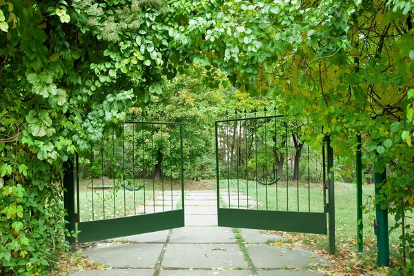 Iron gate w piękny, zielony ogród — Zdjęcie stockowe