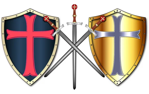 Escudos y espadas cruzados — Vector de stock