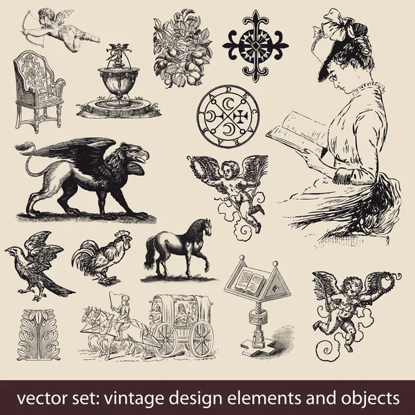 Elementos vintage, objetos - conjunto de vectores — Archivo Imágenes Vectoriales