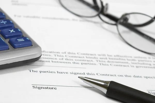 stock image Contract Form, Eyeglasses, Calculator and Pen