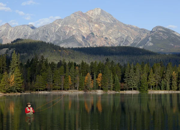 Fly Fishing In Rocky Mountains, Alberta, Canada Royalty Free Stock Photos