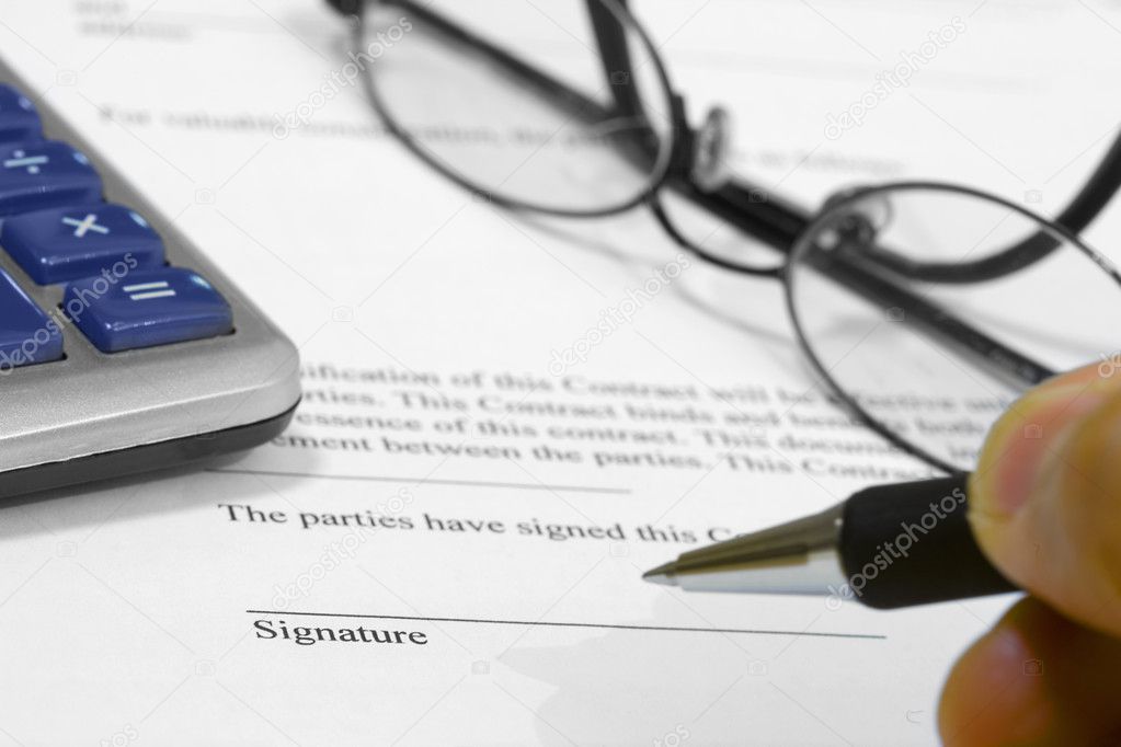 Contract Form, Eyeglasses, Calculator and Pen