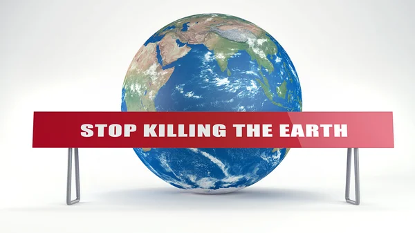 Sinal: "Parem de matar a terra". Terra nas costas — Fotografia de Stock