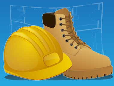 Hard hat and work boots with blue print background clipart