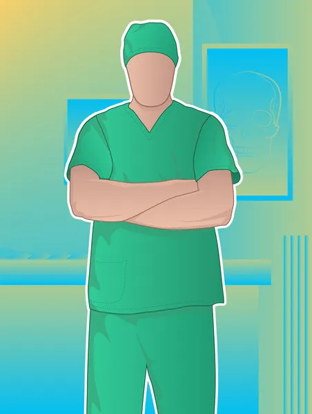 Chirurg stál s rukama založenýma v operačním sále外科医の手術室で彼の腕を組んで立っています。 — Stock fotografie