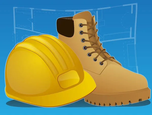 Hard hat and work boots with blue print background — Stock Photo, Image