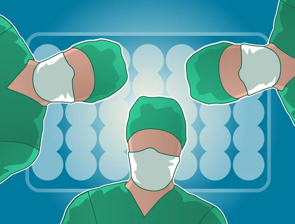 Tres doctores mirando a un paciente / cirujanos en un quirófano — Vector de stock