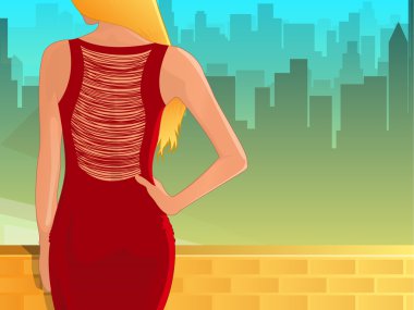 Young woman in red dress from back clipart