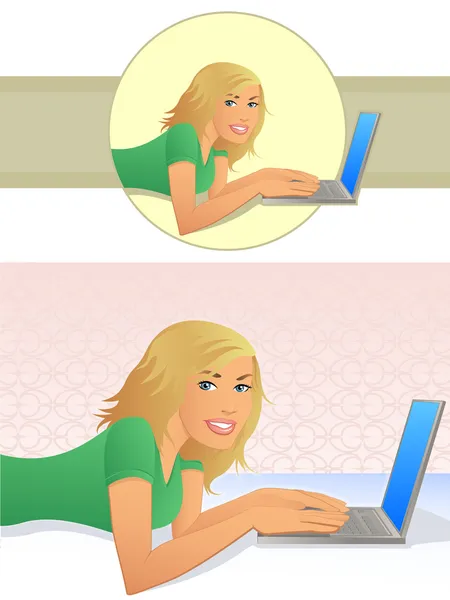 Sevimli kız bir dizüstü bilgisayar kullanarak — Stok Vektör