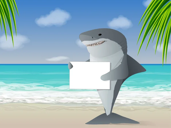 Акула держит табличку на пляже — стоковый вектор