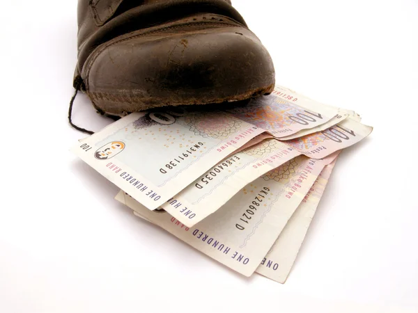 Geldscheine im alten Schuh — Stockfoto