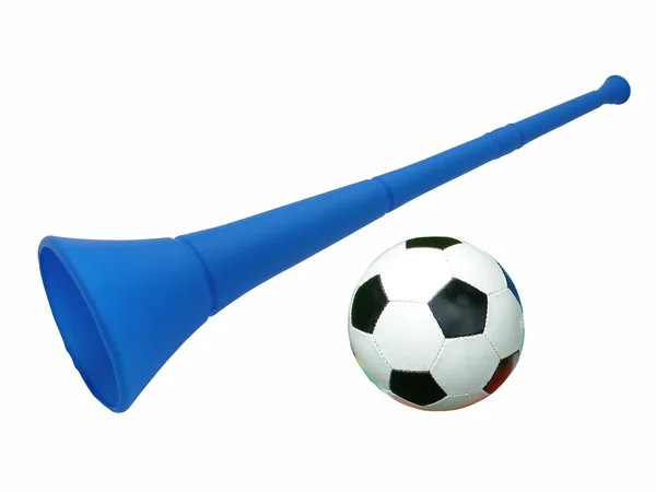 Blå vuvuzela horn med fotboll — Stockfoto