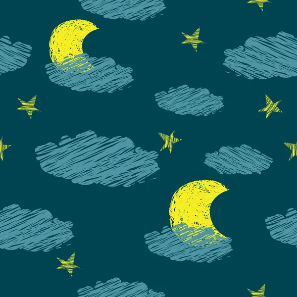 夜のシームレスなパターン空、星、月 — ストックベクタ