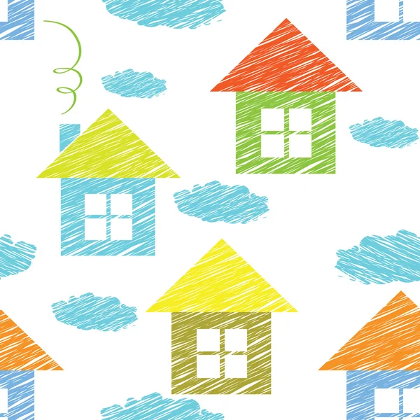 Vektor seamless mönster med hus och moln — Stock vektor