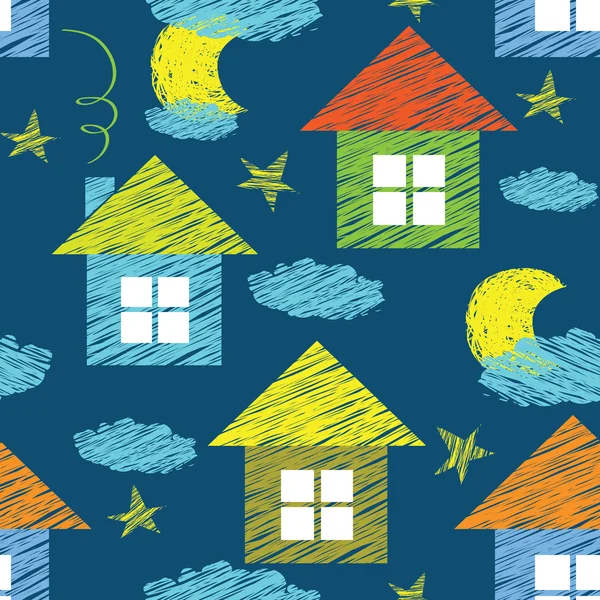 Vector seamless pattern with houses and clouds — Stock Vector