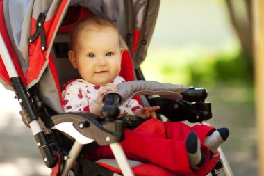 Baby in sitting stroller on nature clipart