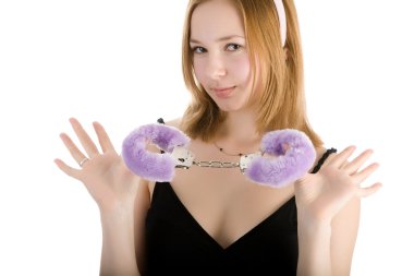 Sexy girl with pink fur handcuffs clipart