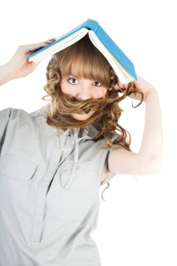 Young woman standing with book solated on white background clipart