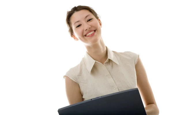 Vonzó fiatal nő a fehér laptop — Stock Fotó