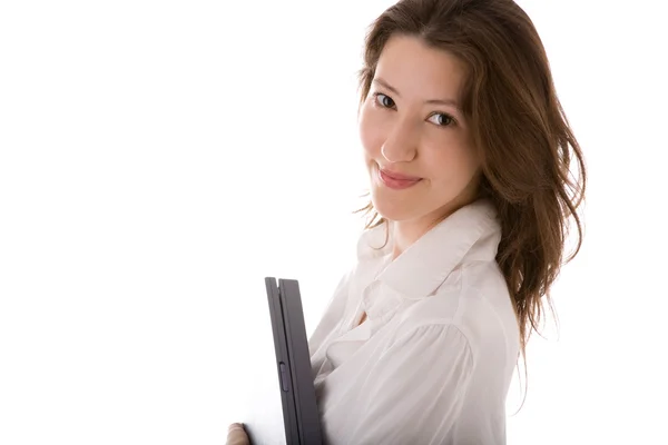Giovane donna attraente con computer portatile sul bianco — Foto Stock