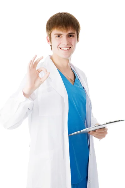 Zbliżenie portret szczęśliwy młody lekarz z pliku — Zdjęcie stockowe
