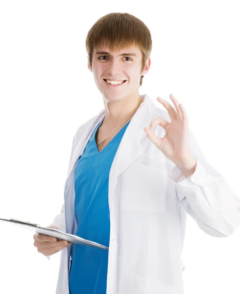 Closeup portrait of a happy young doctor with file — Stock Photo, Image
