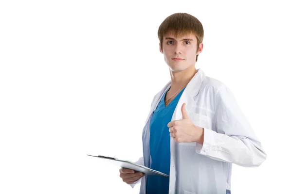 Retrato de close-up de um jovem médico feliz com arquivo — Fotografia de Stock