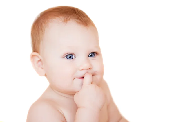 Imagem brilhante de adorável bebê menina sobre branco — Fotografia de Stock