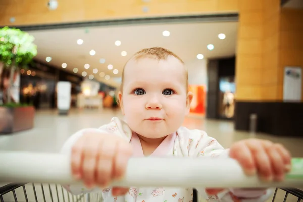 Beautiful baby girl in shopping cart - trolley — Stock Photo, Image
