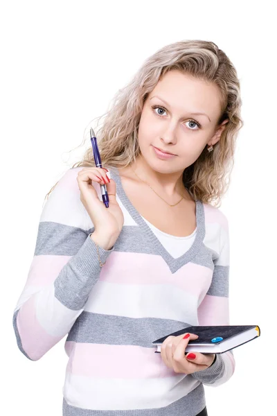 Primer plano de una joven mujer feliz escribiendo notas — Foto de Stock