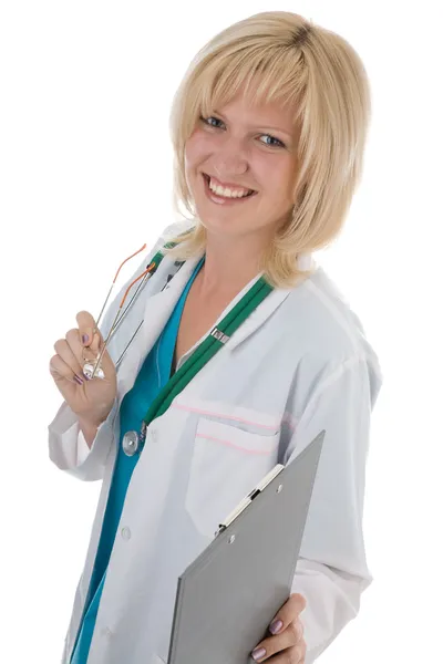 Uma bela jovem loira médica, dentista, enfermeira carregando arquivo médico — Fotografia de Stock