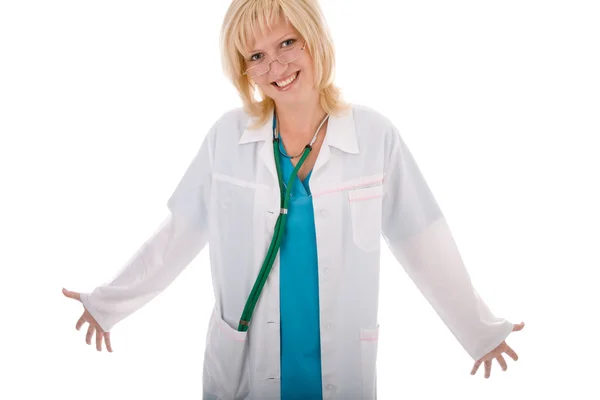 Çekici kadın doktor üzerinde beyaz izole — Stok fotoğraf