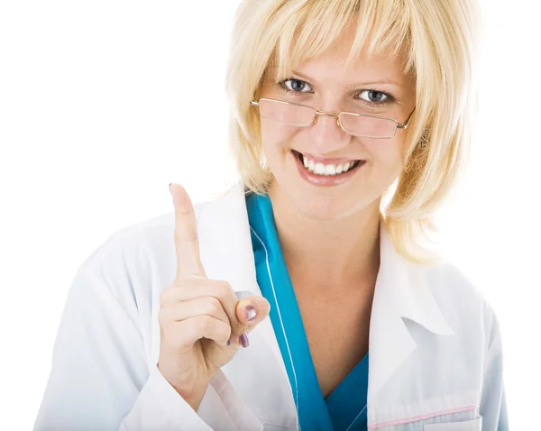 Bella felice medico femminile isolato su bianco — Foto Stock