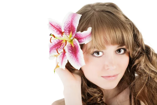 Portrait of fresh woman with flower over white — Stock Photo, Image