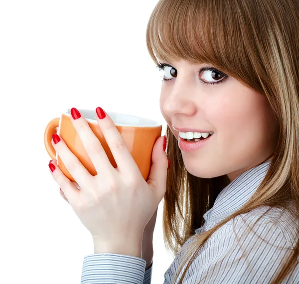 Young woman with a cup of hot drink on the white — Stock Photo, Image