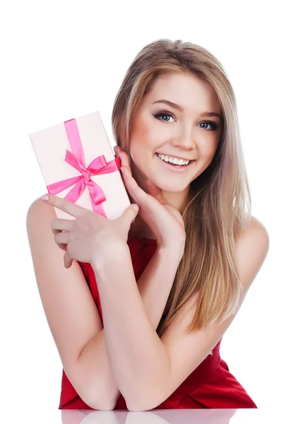 Woman with a present isolated — Stock Photo, Image