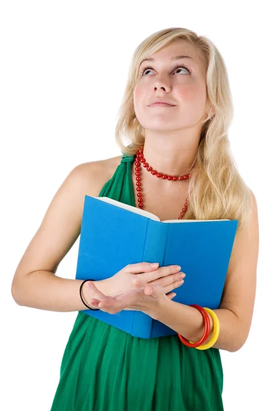 Joven chica bonita con libro sobre el blanco — Foto de Stock